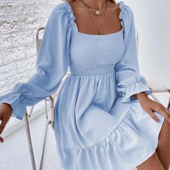 Shirred Bodice Flounce Sleeve Ruffle Hem Dress BLUE - Picture 4 of 7